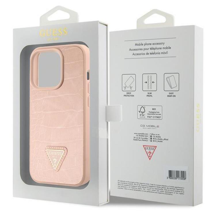 Guess Guess Mobilskal till iPhone 15 Pro Croco Triangle Metal Logo - Rosa