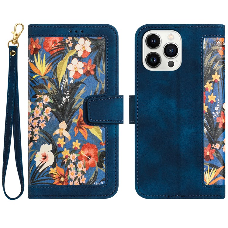 OEM iPhone 15 Pro Plånboksfodral Flower Pattern - Mörkblå