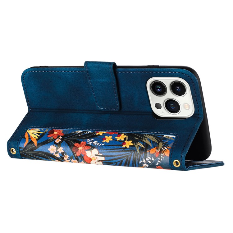 OEM iPhone 15 Pro Plånboksfodral Flower Pattern - Mörkblå