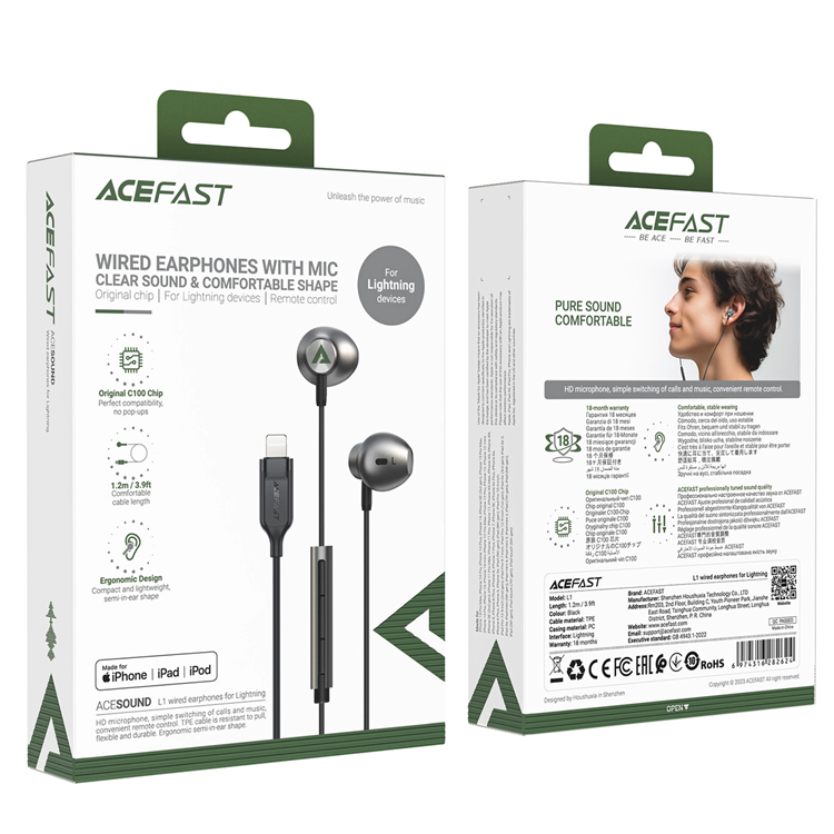 Acefast Acefast In-Ear Lightning Hörlurar 1.2m - Svart