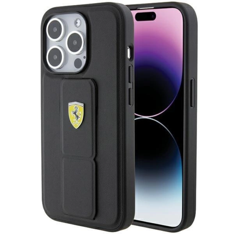 Ferrari Ferrari Mobilskal till iPhone 15 Grip Stand Metal Logo - Svart
