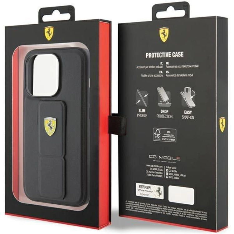 Ferrari Ferrari Mobilskal till iPhone 15 Pro Max Grip Stand Metal Logo - Svart