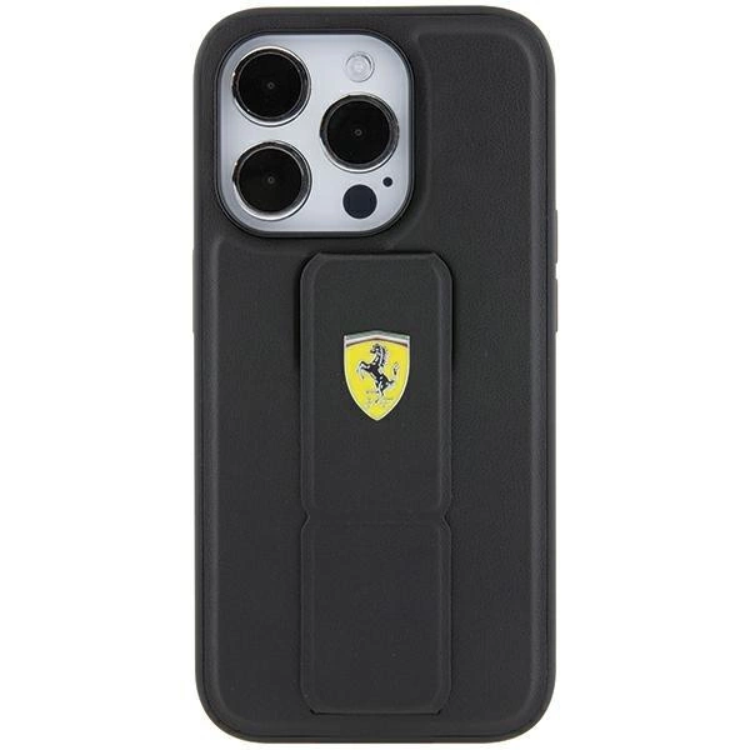 Ferrari Ferrari Mobilskal till iPhone 15 Pro Grip Stand Metal Logo - Svart