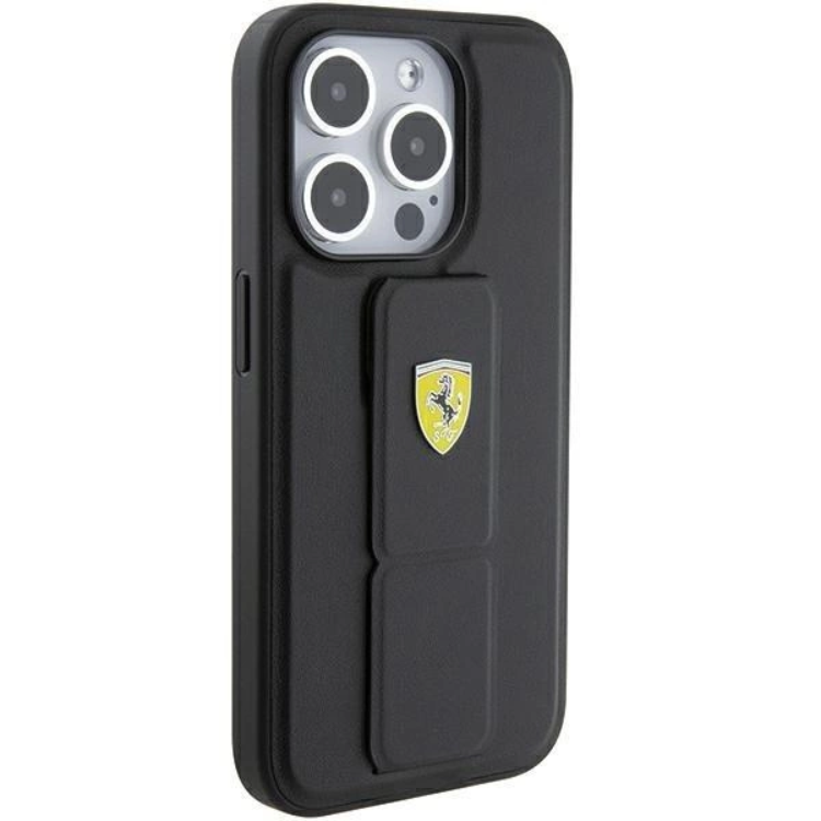 Ferrari Ferrari Mobilskal till iPhone 15 Pro Grip Stand Metal Logo - Svart