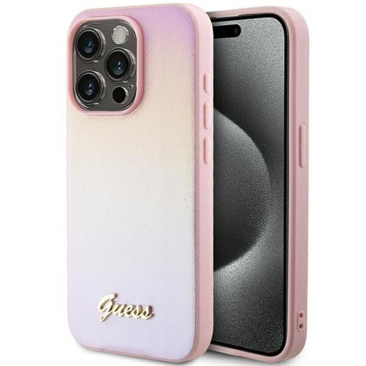Guess Guess Mobilskal till iPhone 14 Pro Saffiano Iridescent Script - Rosa