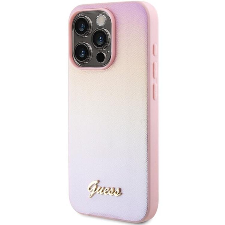 Guess Guess Mobilskal till iPhone 14 Pro Saffiano Iridescent Script - Rosa