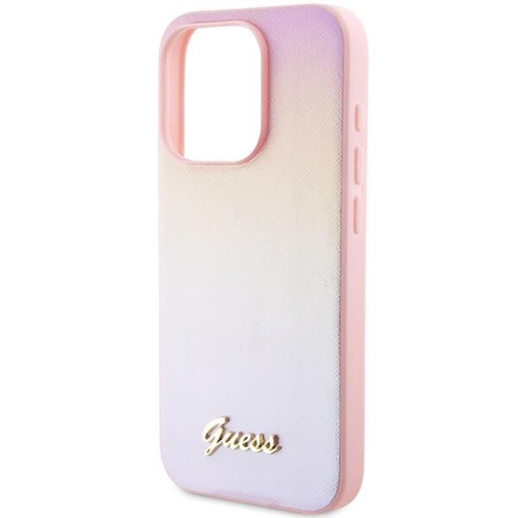 Guess Guess Mobilskal till iPhone 14 Pro Saffiano Iridescent Script - Rosa