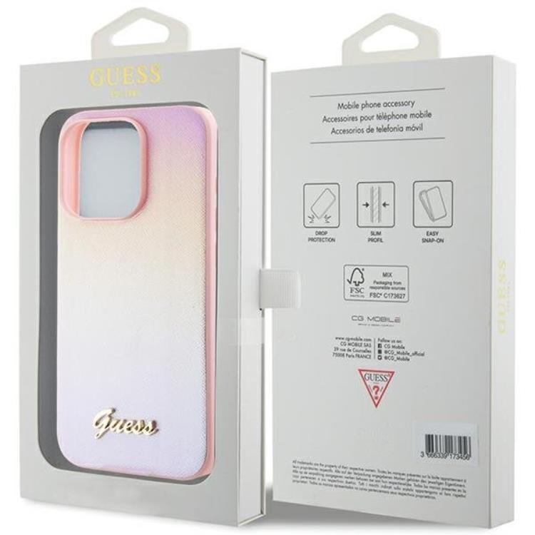 Guess Guess Mobilskal till iPhone 14 Pro Saffiano Iridescent Script - Rosa