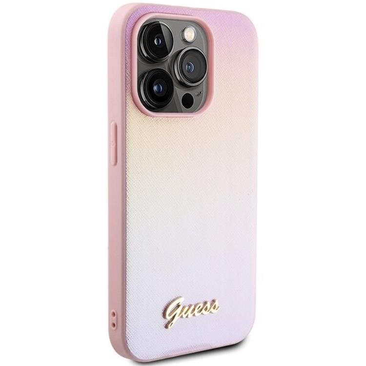 Guess Guess Mobilskal till iPhone 15 Pro Max Saffiano Iridescent Script - Rosa