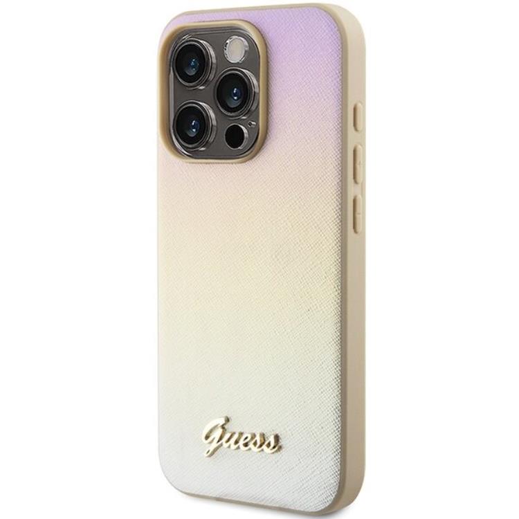 Guess Guess Mobilskal till iPhone 15 Pro Saffiano Iridescent Script - Guld