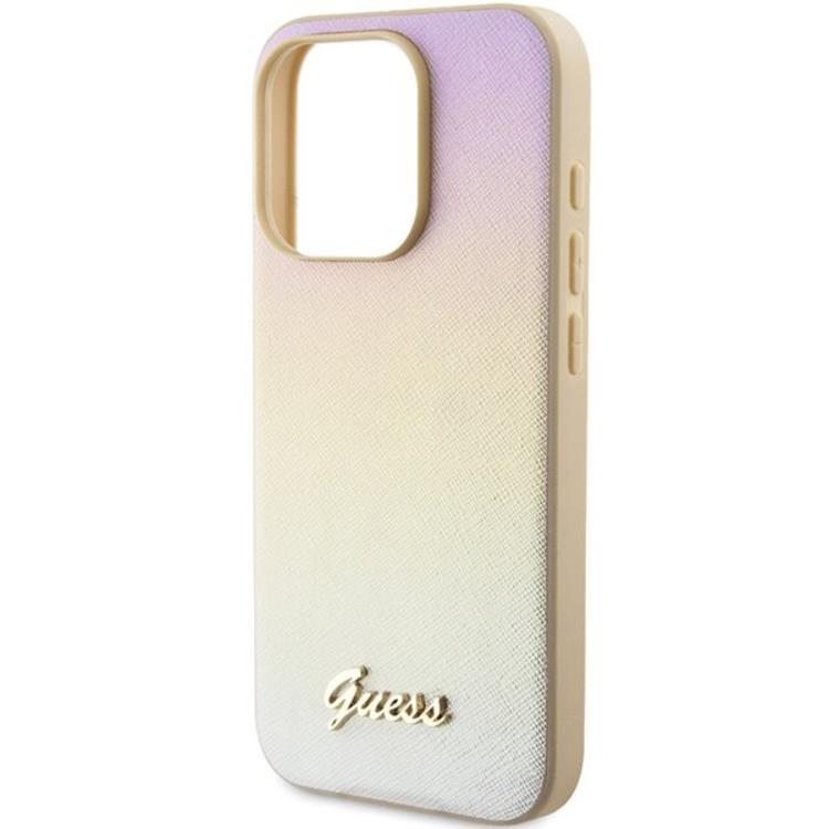 Guess Guess Mobilskal till iPhone 15 Pro Saffiano Iridescent Script - Guld