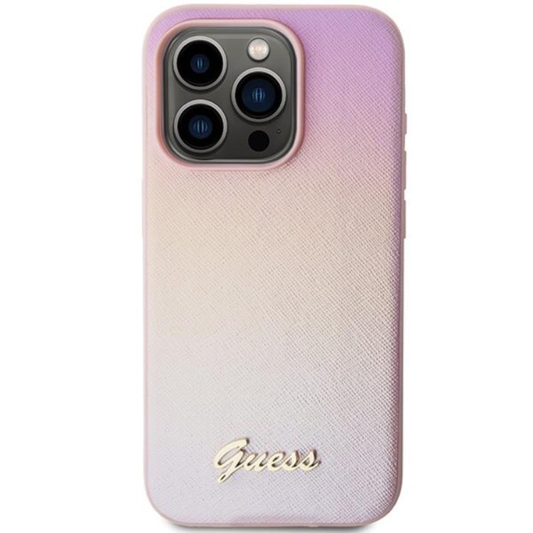 Guess Guess Mobilskal till iPhone 15 Pro Saffiano Iridescent Script - Rosa