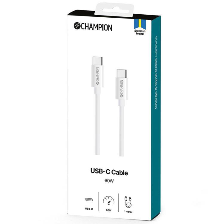 Champion CHAMPION USB-C till USB-C kabel 60W 1m - Vit