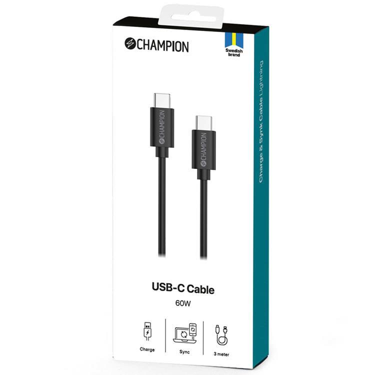Champion CHAMPION USB-C till USB-C kabel 60W 3m - Svart