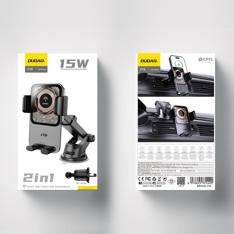 Dudao 2-i-1 Dudao F19 Klämma Bilhållare med 15W Trådlös laddare - Svart