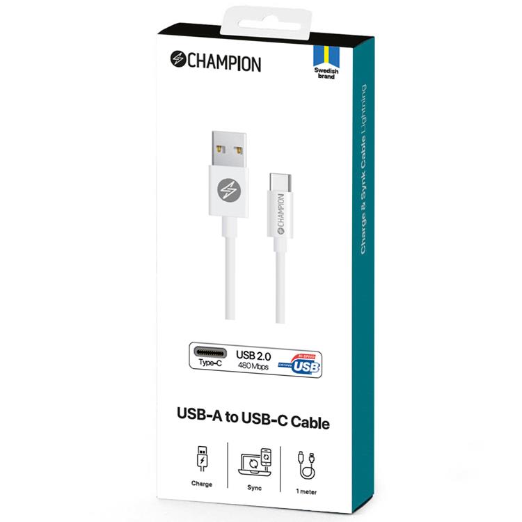 Champion CHAMPION USB-C till USB-A kabel 2m - Vit