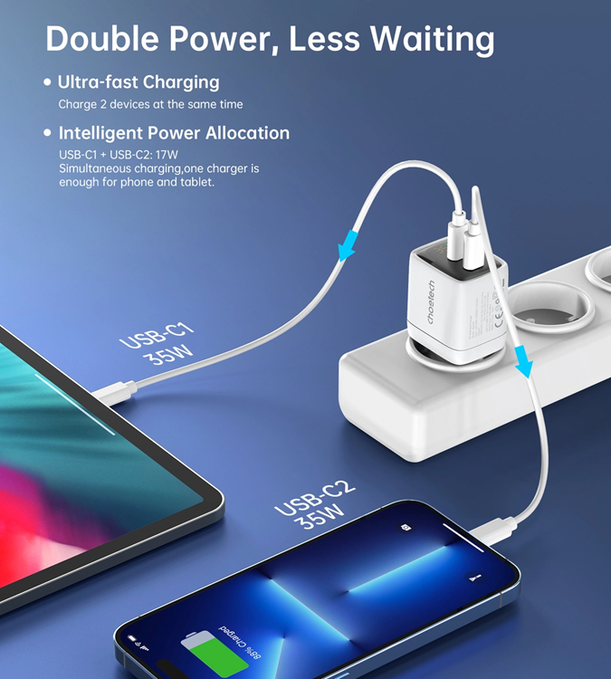 Choetech Choetech Väggladdare 35W GaN 2xUSB-C - Vit