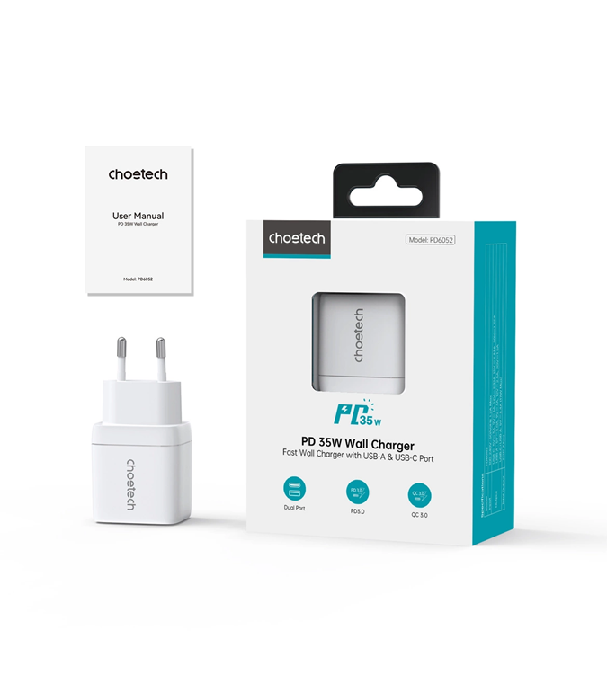 Choetech Choetech USB-C USB-A Väggladdare PD 35W GaN - Vit
