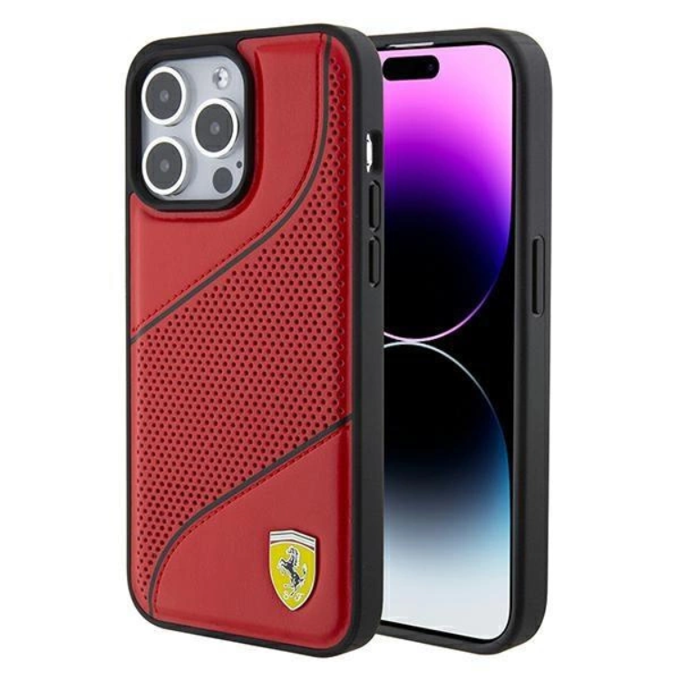 Ferrari Ferrari Mobilskal till iPhone 15 Pro Perforated Waves Metal Logo - Röd