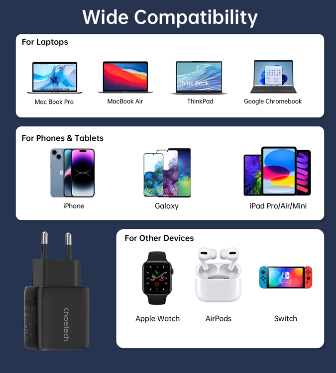 Choetech Choetech USB-C USB-C Väggladdare PD 35W GaN - Svart