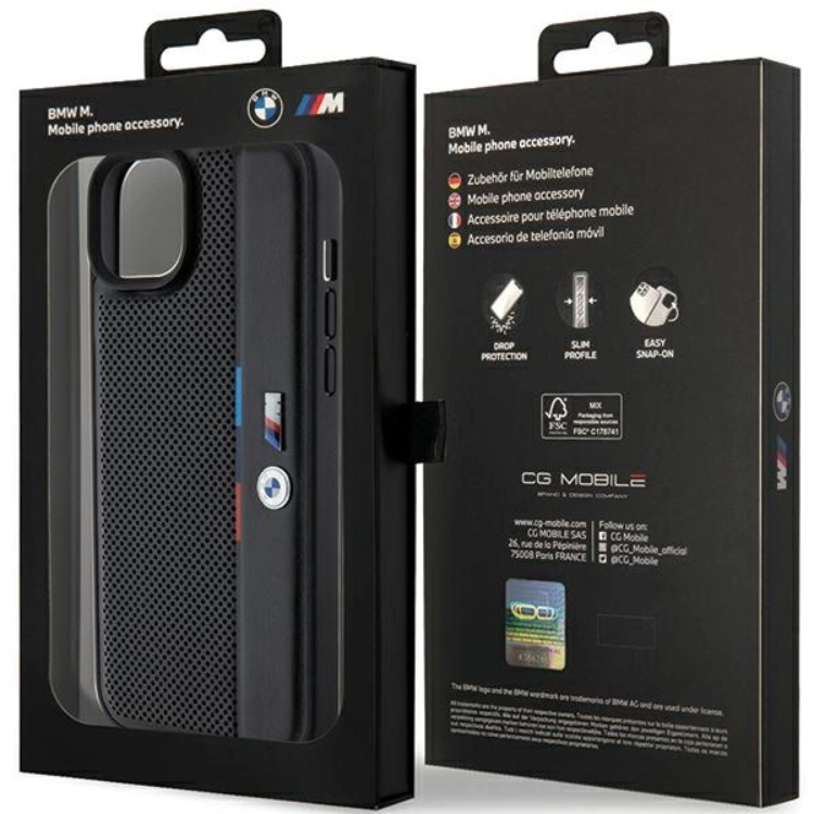 BMW BMW Mobilskal till iPhone 15/14 Plus Perforated Tricolor Line - Svart