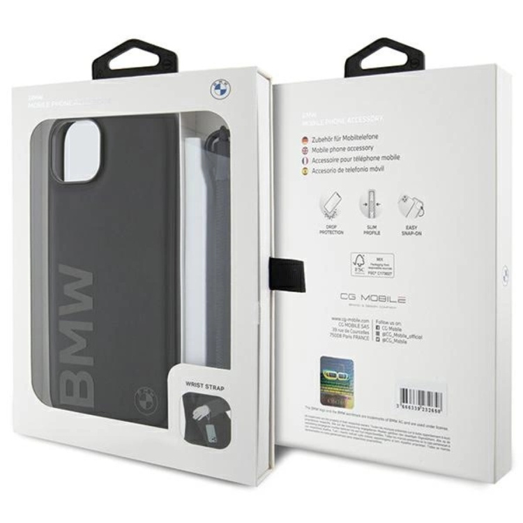 BMW BMW Mobilskal till iPhone 15/14 Plus Signature Läder Wordmark Cord