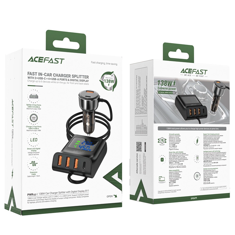 Acefast Acefast B11 138W USB-A USB-C Billaddare med 6 Portar - Svart