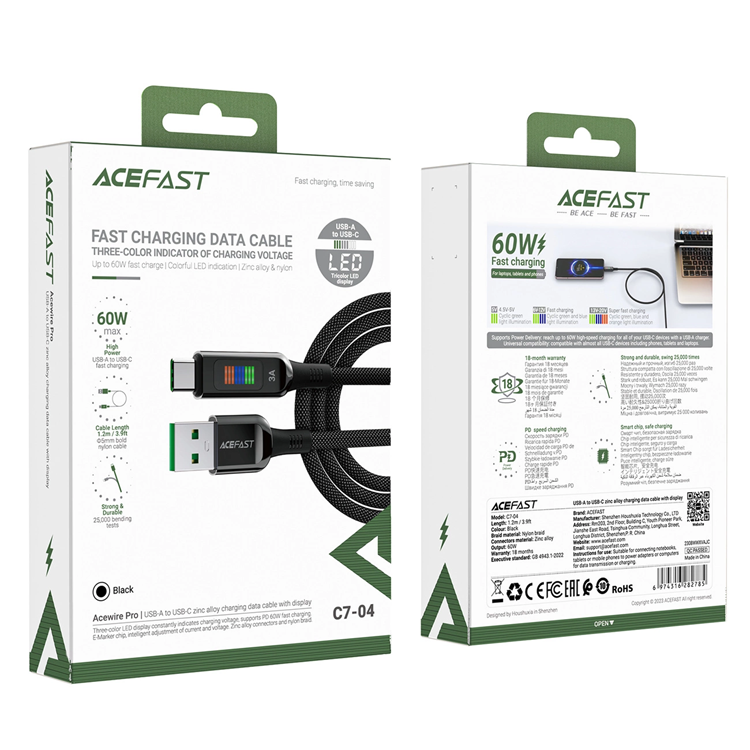 Acefast Acefast USB-C till USB-A kabel 60W 1.2m med Display - Svart