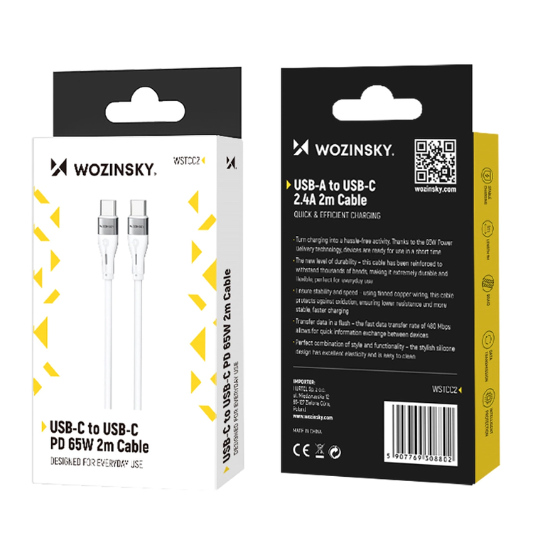 Wozinsky Wozinsky USB-C till USB-C kabel PD 65W 2m - Vit