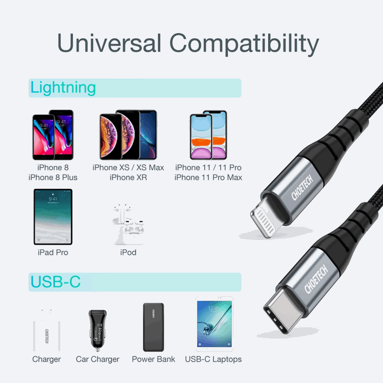 Choetech Choetech USB-C till Lightning kabel MFi 480Mb/s 3A 2m