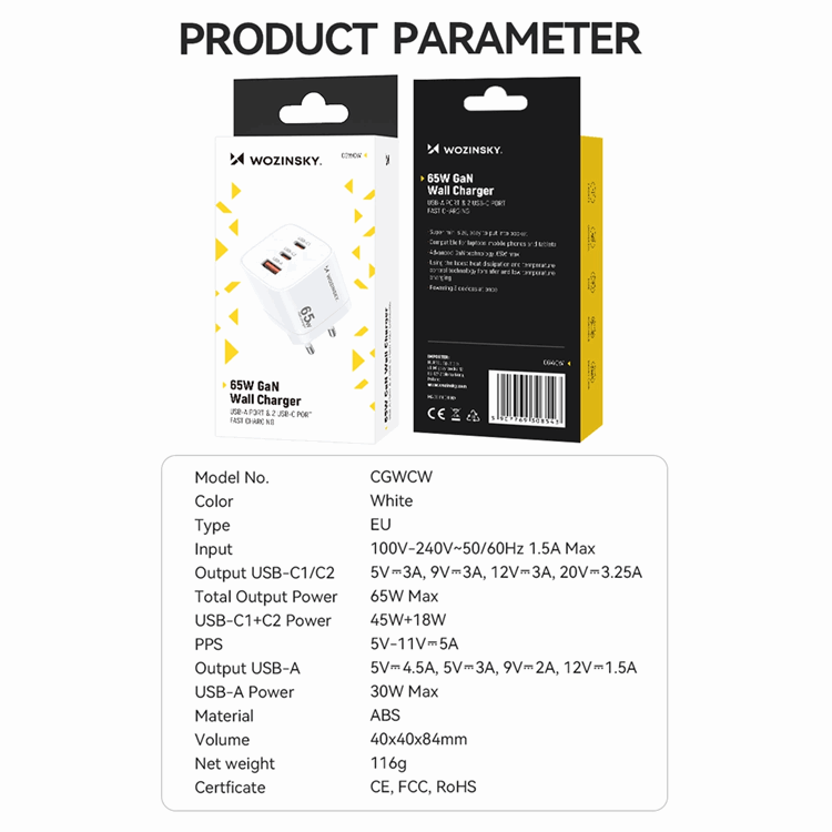 Wozinsky Wozinsky Väggladdare CGWCW 65W USB-A/2 x USB-C GaN - Vit
