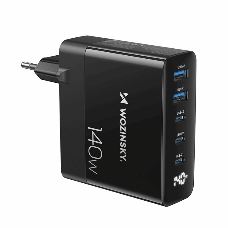 Wozinsky Wozinsky Väggladdare 140W GaN 3 x USB-C/2 x USB-A - Svart