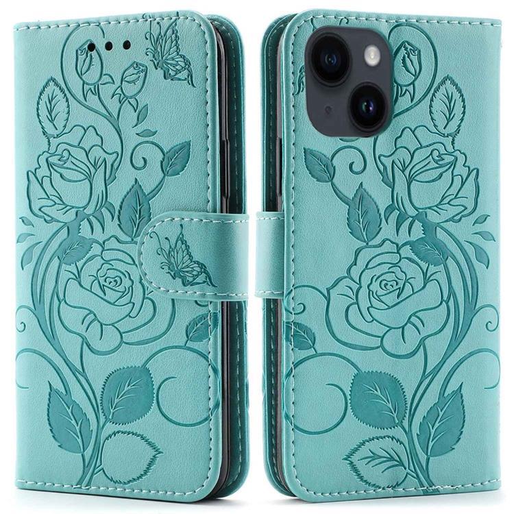 OEM iPhone 14 Plus Plånboksfodral Imprinted Roses - Turkos