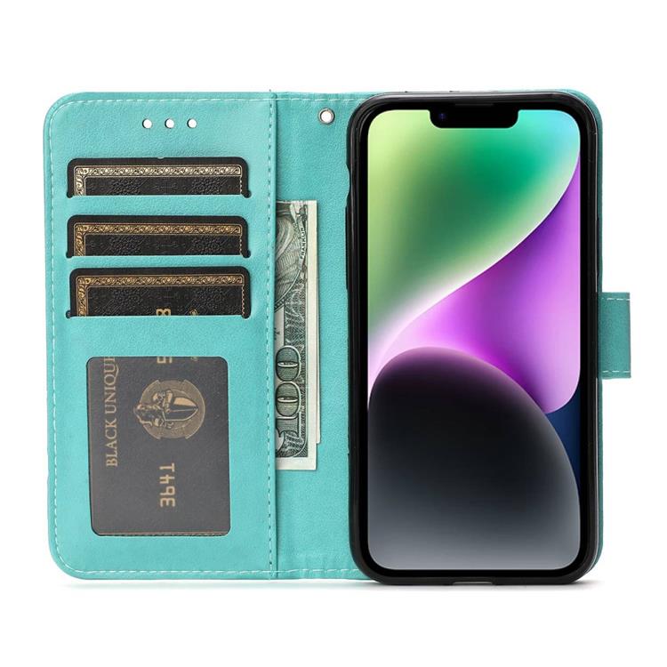 OEM iPhone 14 Plus Plånboksfodral Imprinted Roses - Turkos