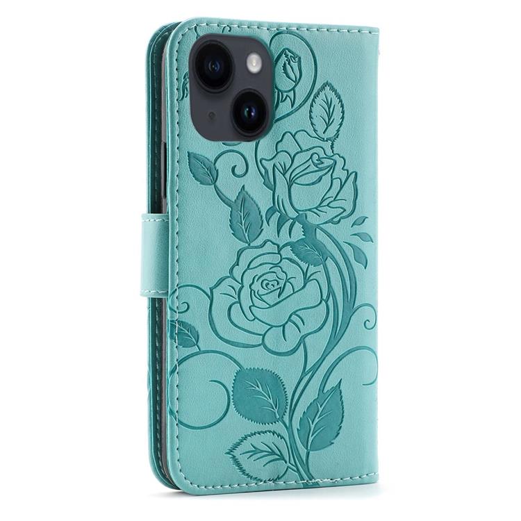 OEM iPhone 14 Plus Plånboksfodral Imprinted Roses - Turkos