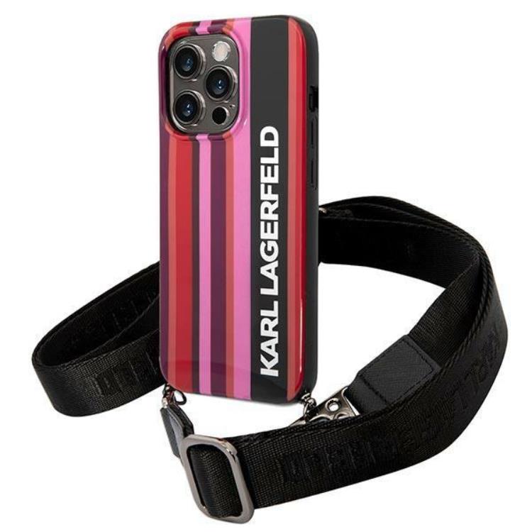 KARL LAGERFELD Karl Lagerfeld iPhone 14 Pro Skal med halsband Stripes Strap - Rosa