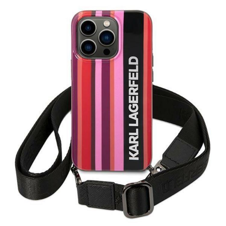 KARL LAGERFELD Karl Lagerfeld iPhone 14 Pro Skal med halsband Stripes Strap - Rosa