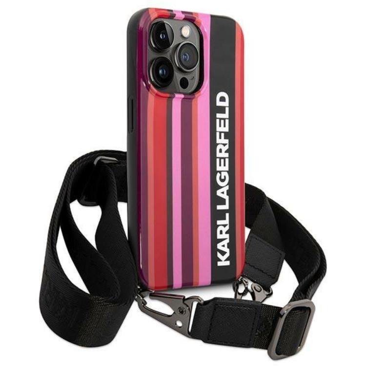 KARL LAGERFELD Karl Lagerfeld iPhone 14 Pro Skal med halsband Stripes Strap - Rosa