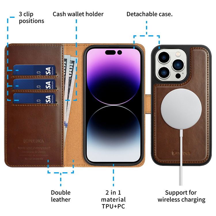 PULOKA Puloka iPhone 14 Plus Plånboksfodral Magsafe 2in1 Detachable - Brun