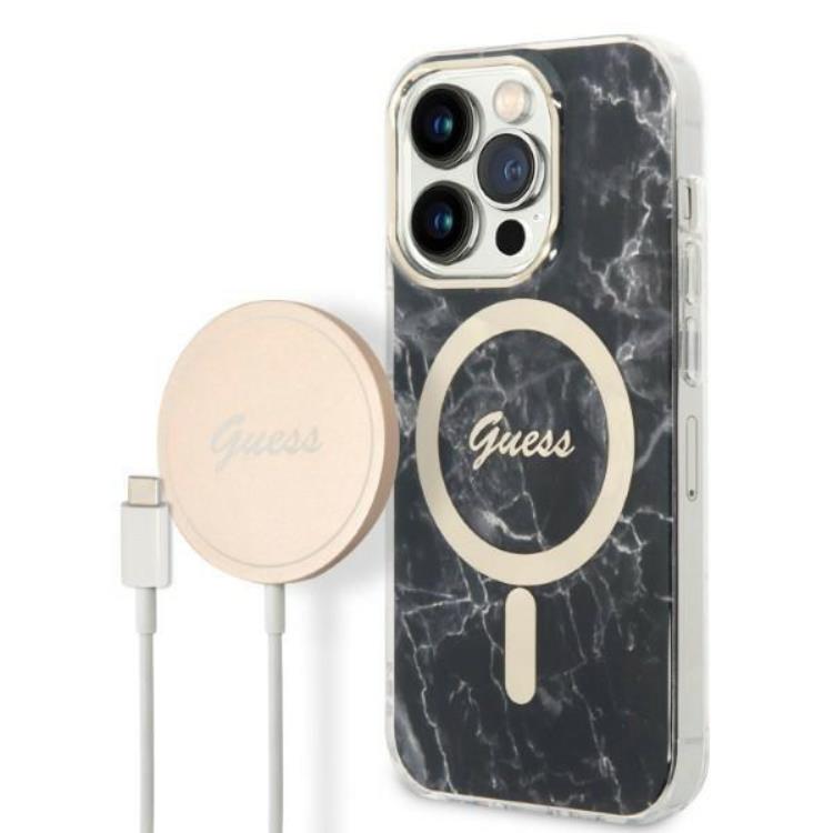 Guess GUESS iPhone 14 Pro Magsafe Skal Marble + Trådlös Laddare - Svart