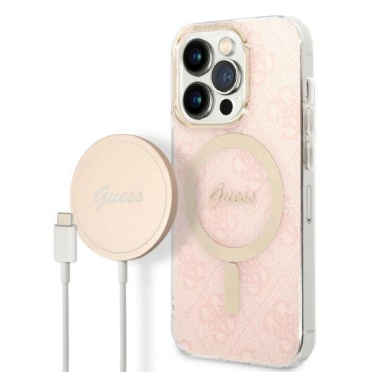Guess GUESS iPhone 14 Pro Max Magsafe Skal 4G Print + Trådlös Laddare - Rosa