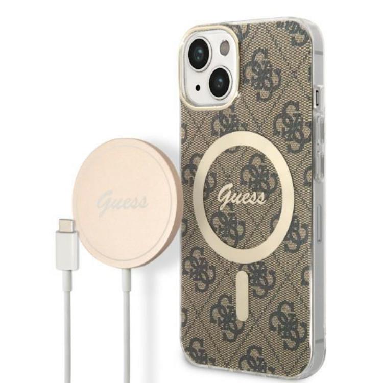 Guess GUESS iPhone 14 Magsafe Skal 4G Print + Trådlös Laddare - Brun