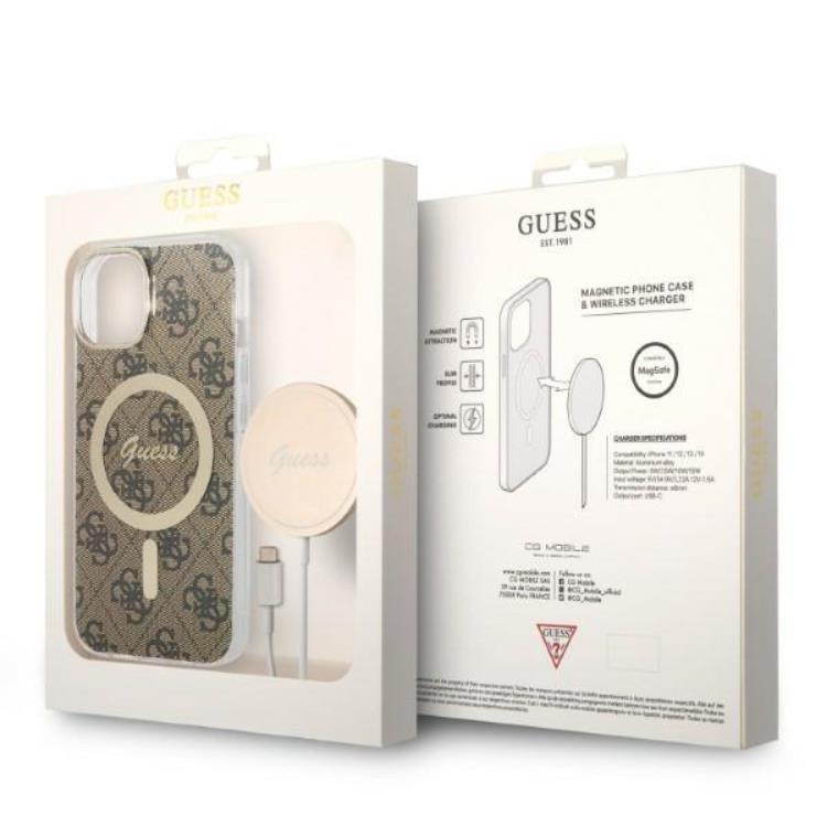 Guess GUESS iPhone 14 Magsafe Skal 4G Print + Trådlös Laddare - Brun