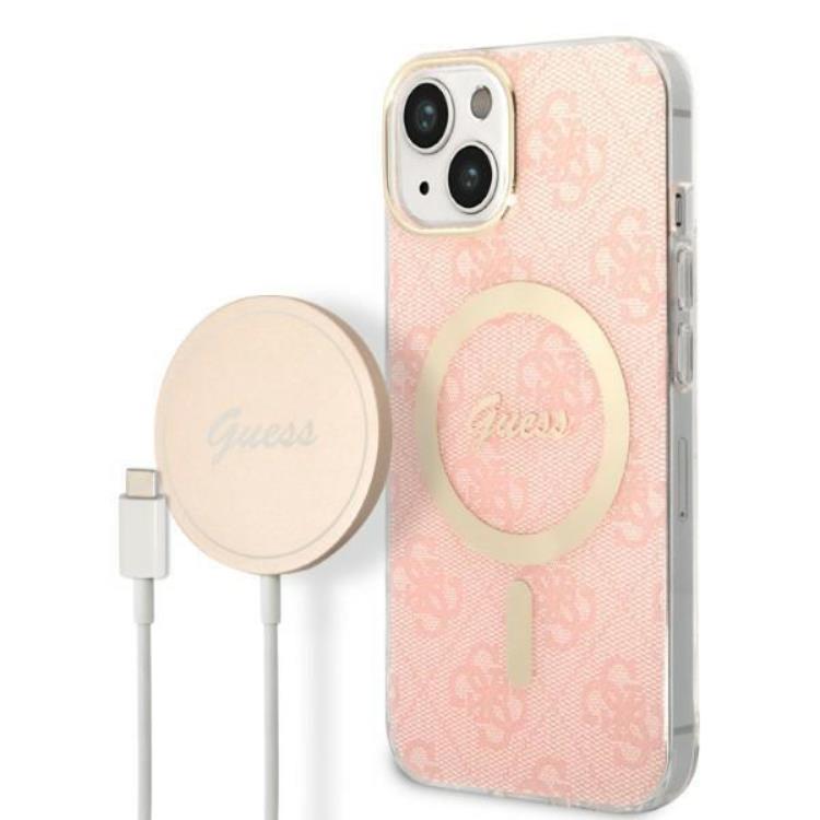 Guess GUESS iPhone 14 Magsafe Skal Print + Trådlös Laddare - Rosa