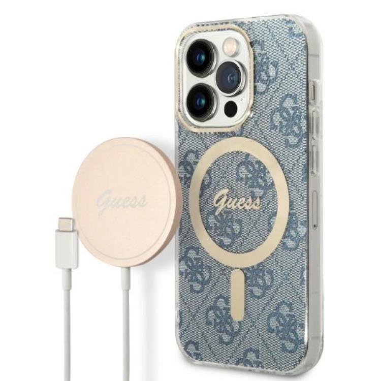 Guess GUESS iPhone 14 Pro Magsafe Skal Print + Trådlös Laddare - Blå