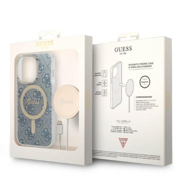 Guess GUESS iPhone 14 Pro Magsafe Skal Print + Trådlös Laddare - Blå