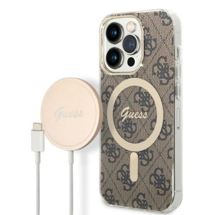 Guess GUESS iPhone 14 Pro Magsafe Skal Print + Trådlös Laddare - Brun