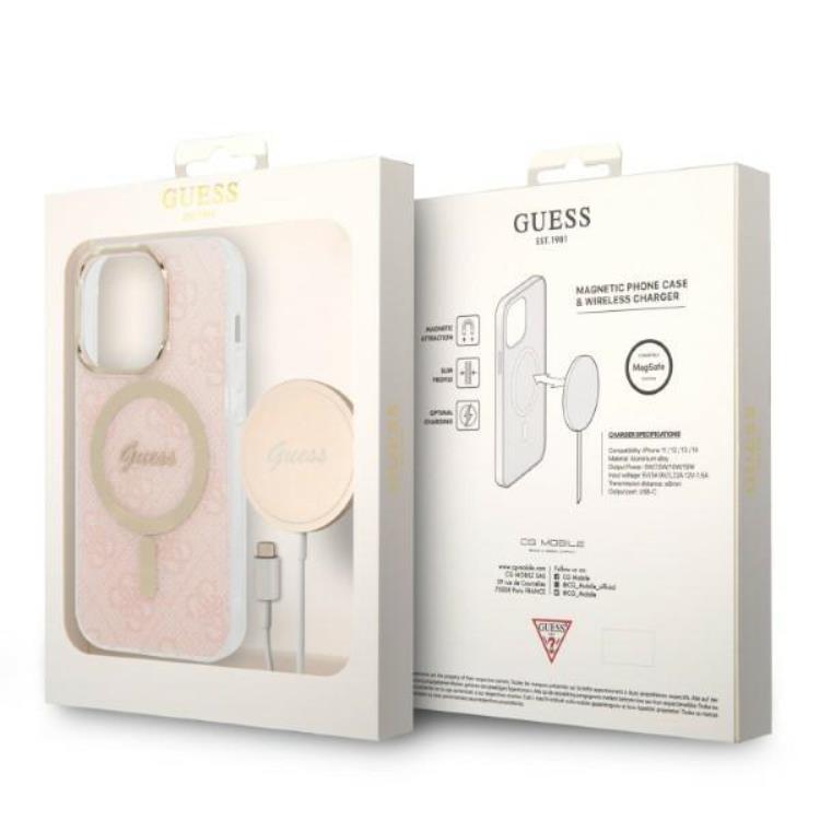 Guess GUESS iPhone 14 Pro Magsafe Skal Print + Trådlös Laddare - Rosa