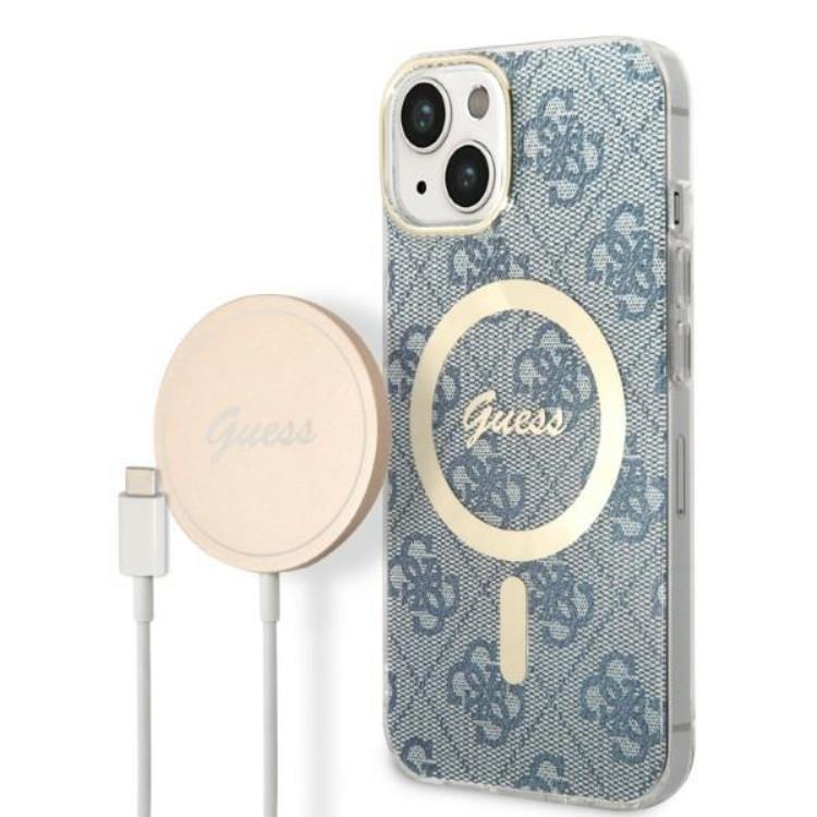 Guess GUESS iPhone 14 Plus Magsafe Skal Print + Trådlös Laddare - Blå