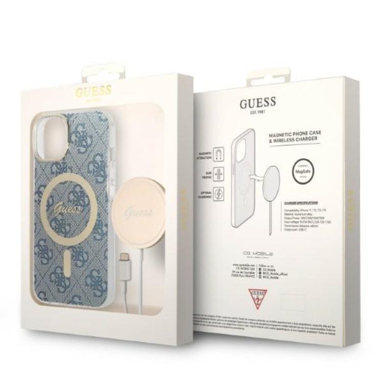 Guess GUESS iPhone 14 Plus Magsafe Skal Print + Trådlös Laddare - Blå